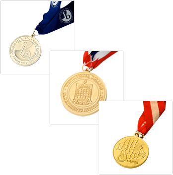 3 custom gold medals with colourful lanyards