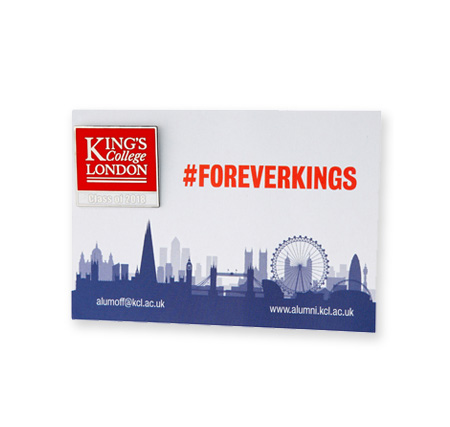 Square red and silver custom enamel commemerative badge for London University - King's College London
