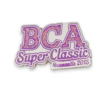 Pink font custom enamel badge for Uk cheerleading event provider