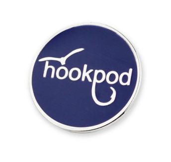 blue round custom enamel badge for Hookpod who reduce fishing environmental damage