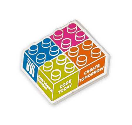 3D look multi-coloured custom enamel badge with building blocks illustration for UK Government Organisation - Data Science Campus